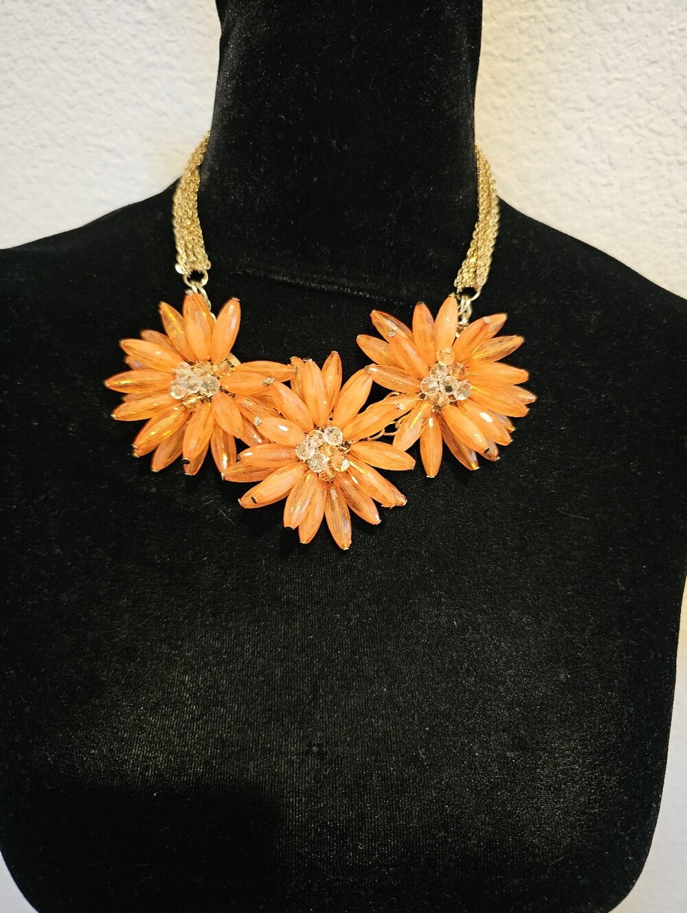 Bold Orange Floral Statement Necklace - Gold Chain - Picture 2 of 3